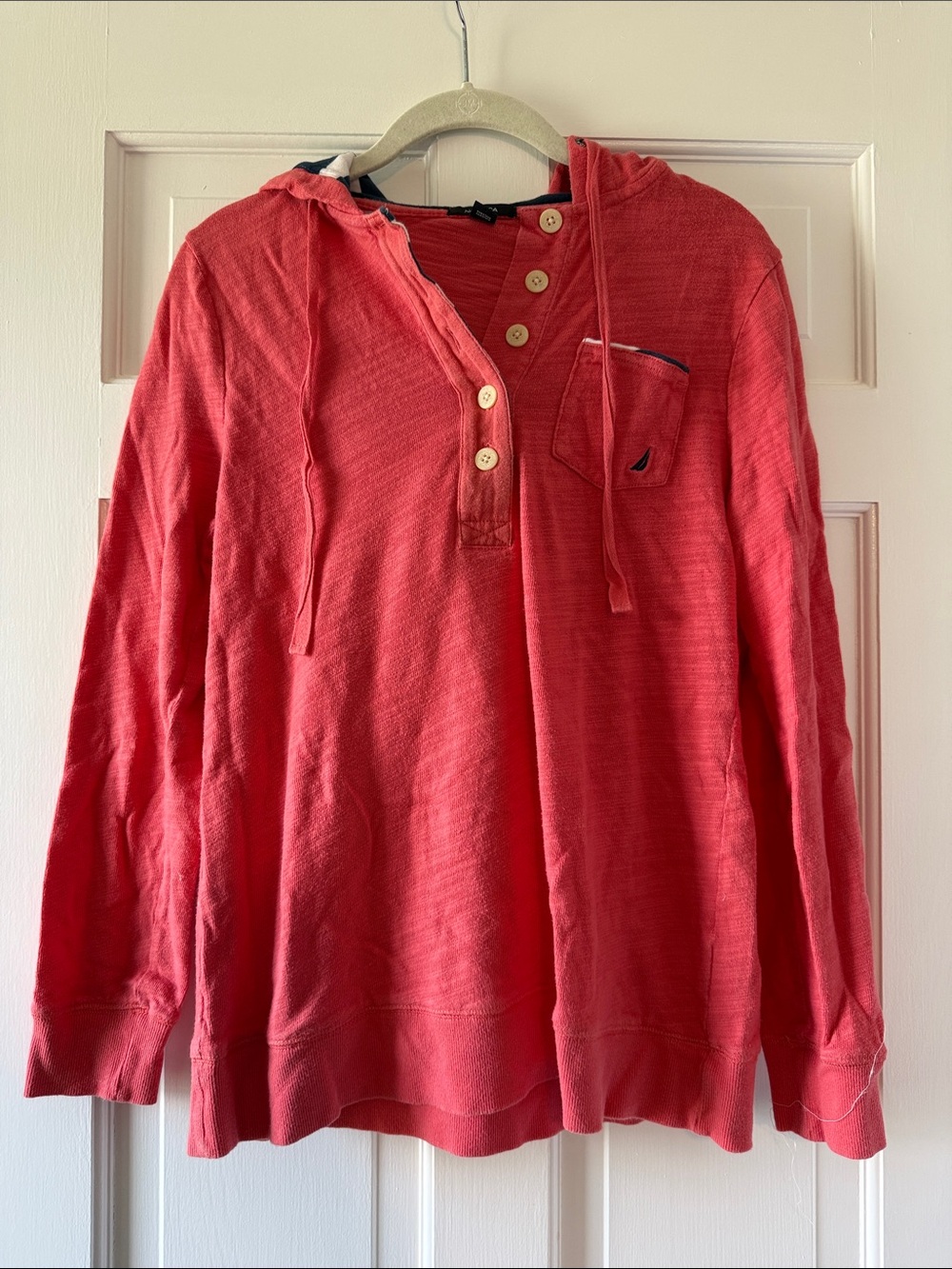 NAUTICA Coral Navy Weathered Hoodie Sweatshirt Coverup Beachy nautical Large